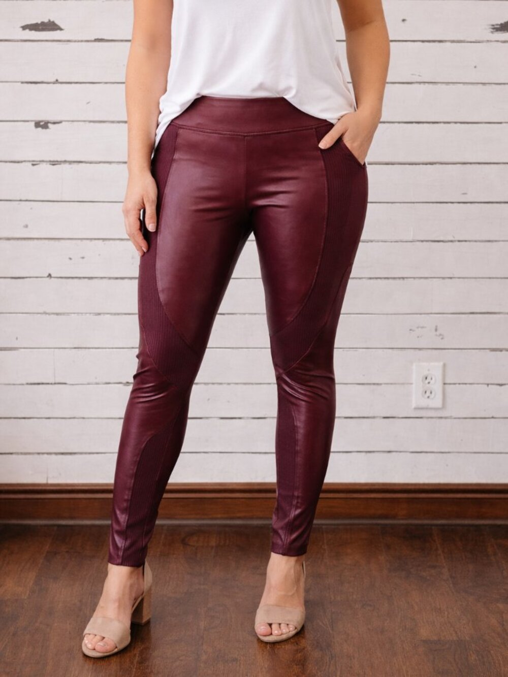 Fabletics Faux Leather Leggings Womens Large Burgundy High Waist Sculpting
